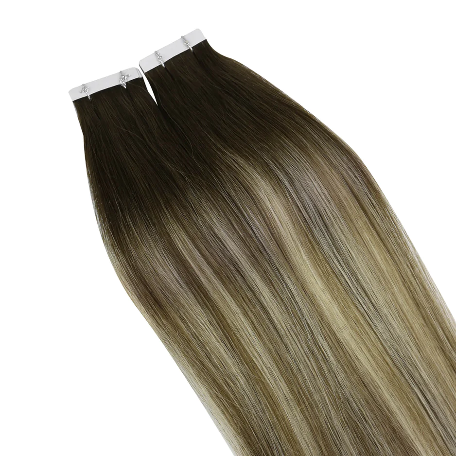 virgin tape in hair extensions balayage brown to blonde