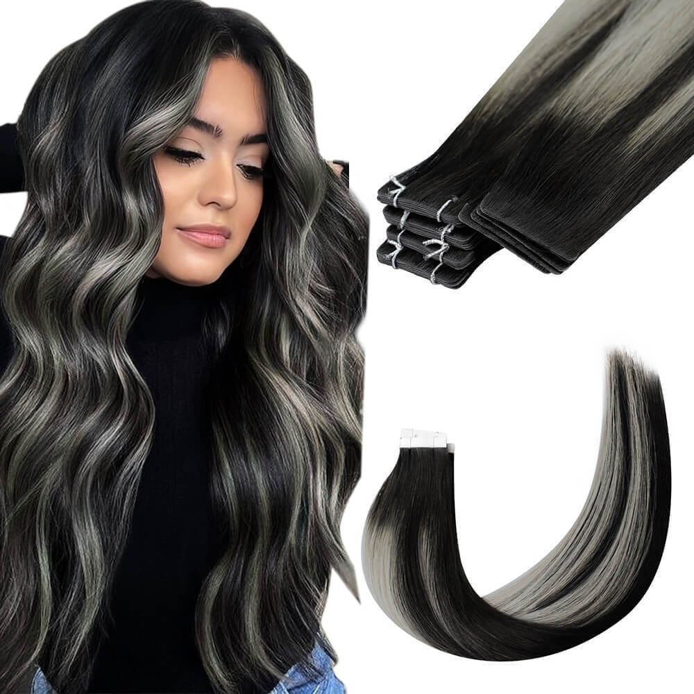 injection tape in hair extensions balayage black with silver straight hair