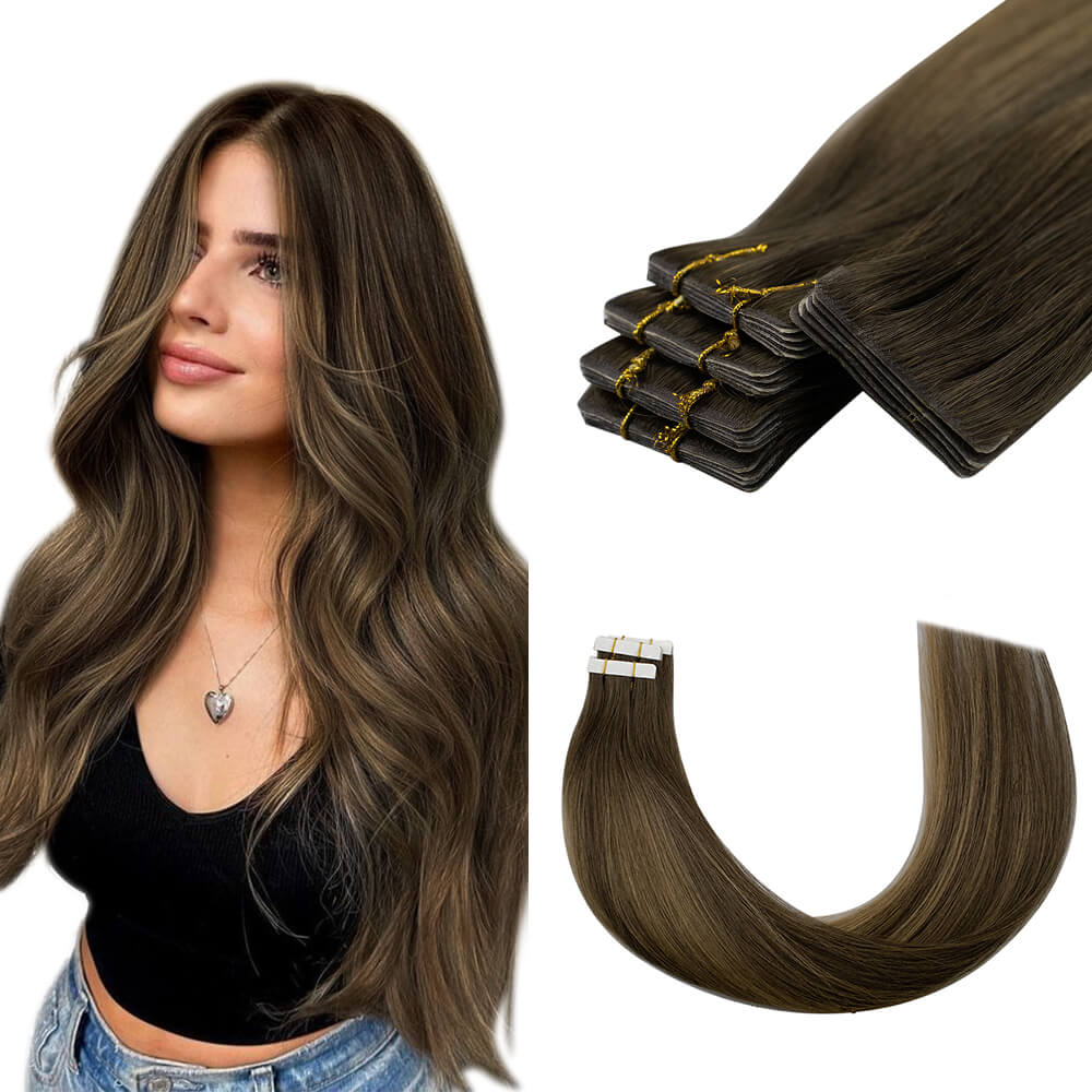 invisible tape in hair extensions balayage darkest brown with light brown straight