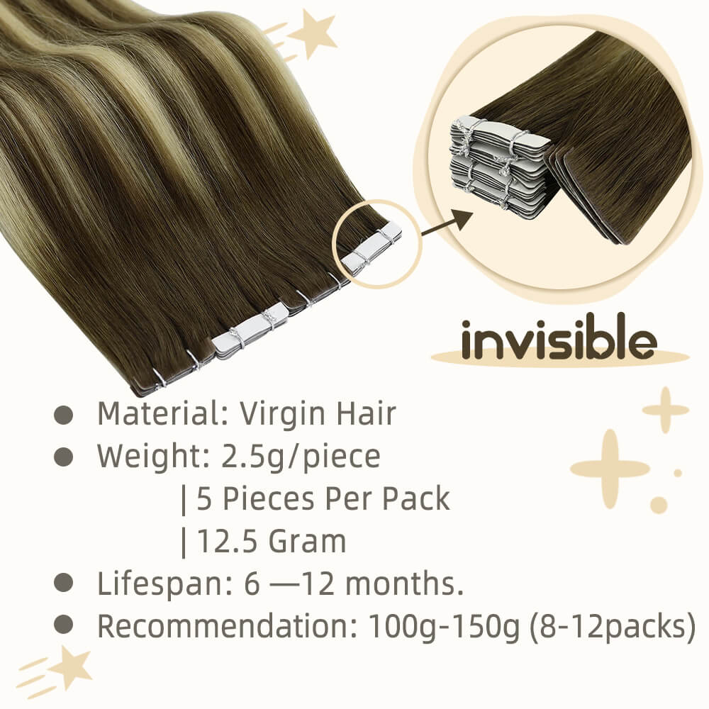 invisible injection tape in hair extensions balayage brown to blonde