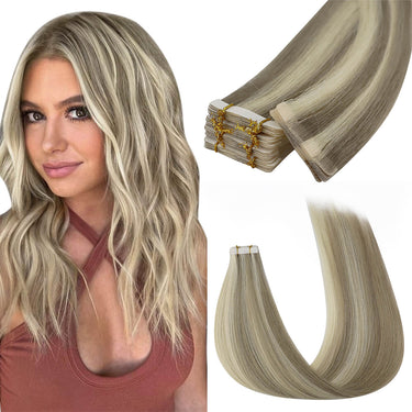tape in hair extensions invisible highlight light brown with platinum blonde