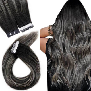 balayage black to silver tape in human hair extensions remy human hair double side silk smooth tape in hair