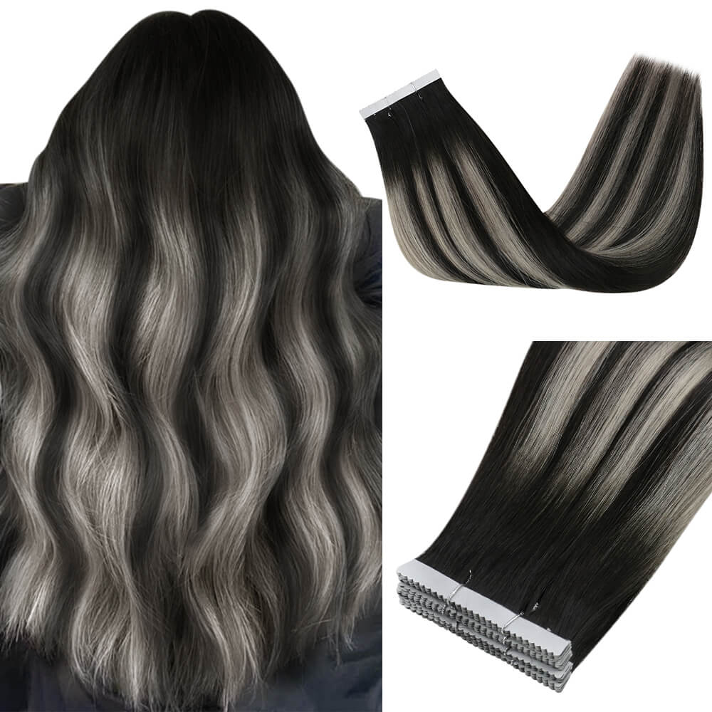 invisible tape in hair extensions balayage color