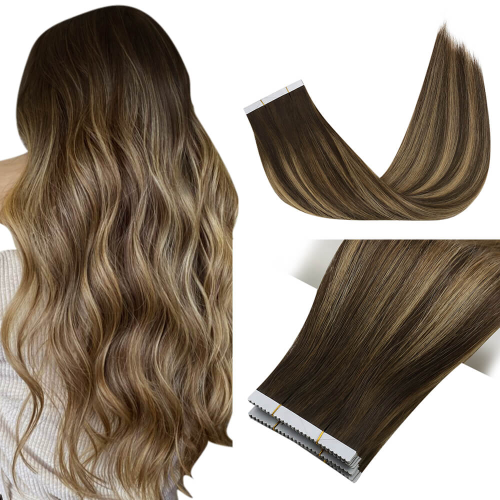 balayage brown invisible tape in hair extensions
