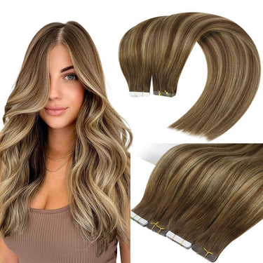 Tape in hair extensions virgin hair balayage dark brown with camel blonde