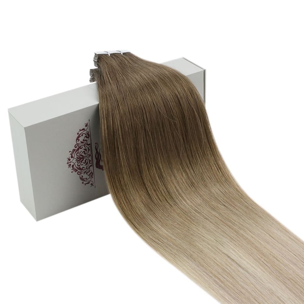 laavoo remy tape in human hair extensions balayage blonde chestnut blonde and platinum blonde fading to chestnut blonde silky straight