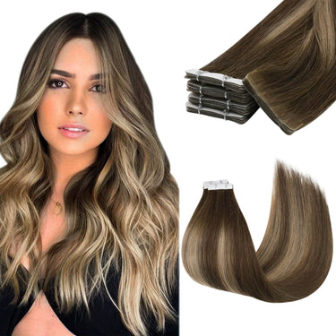 tape ins invisible virgin hair balayage dark brown with camel blonde