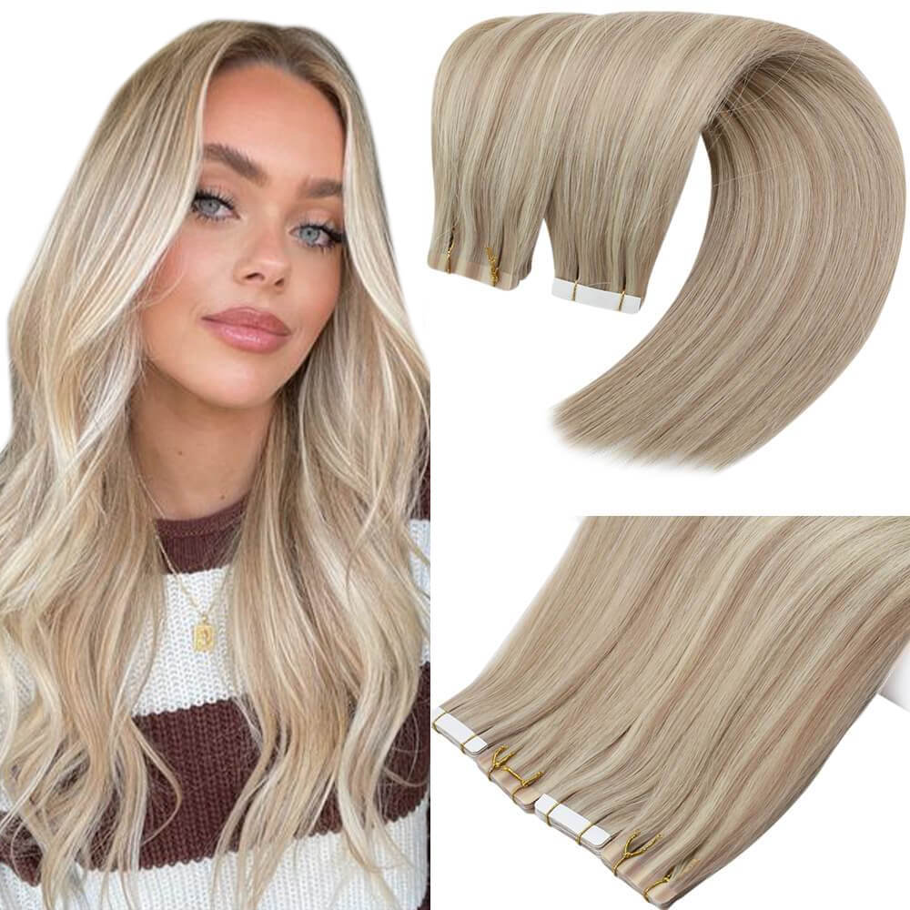 virgin tape in hair extensions highlight ash blonde blend with bleach blonde